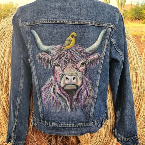 Highland Cow Handpainted On A Denim Jean Jacket - Picture 1 of 4